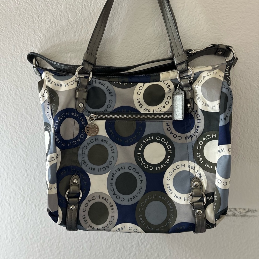 Coach Blue and White Geometric Tote Bag